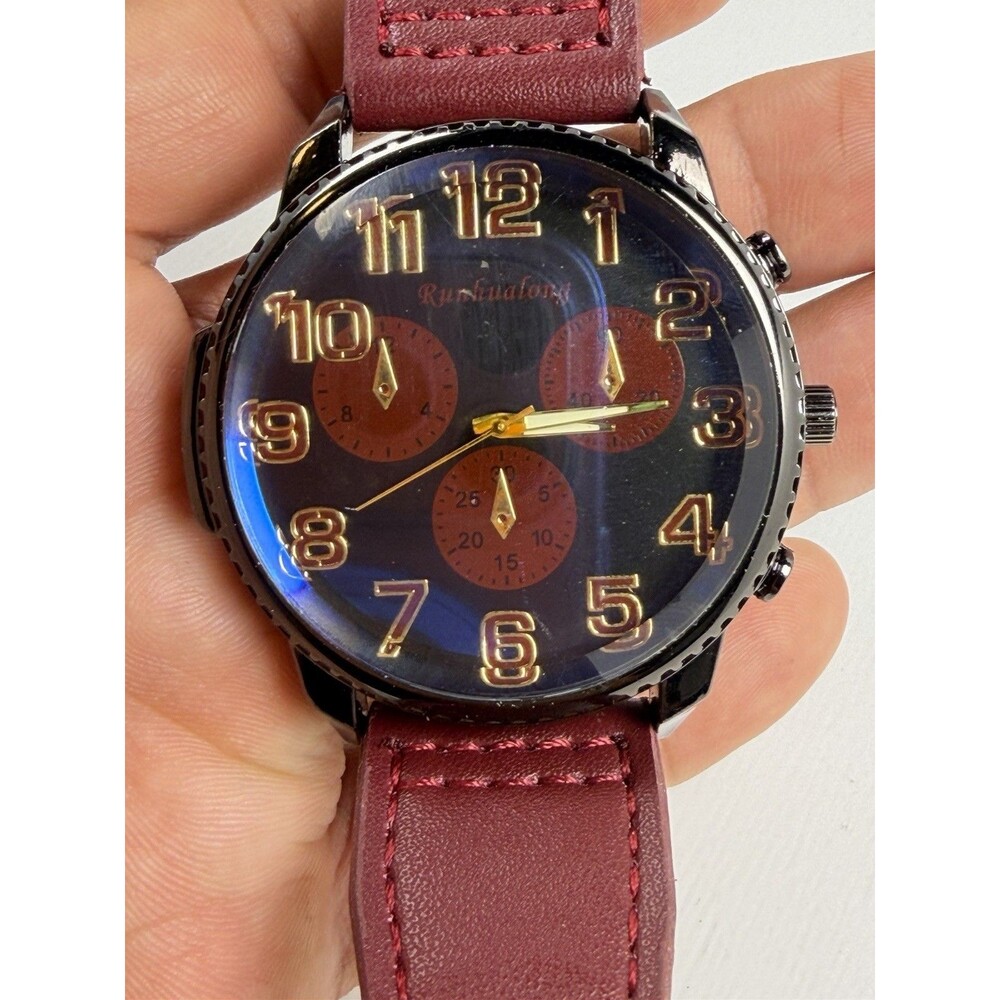 Runhuadong Men’s Quartz Watch 47.5mm Burgundy Band Fresh Battery Working